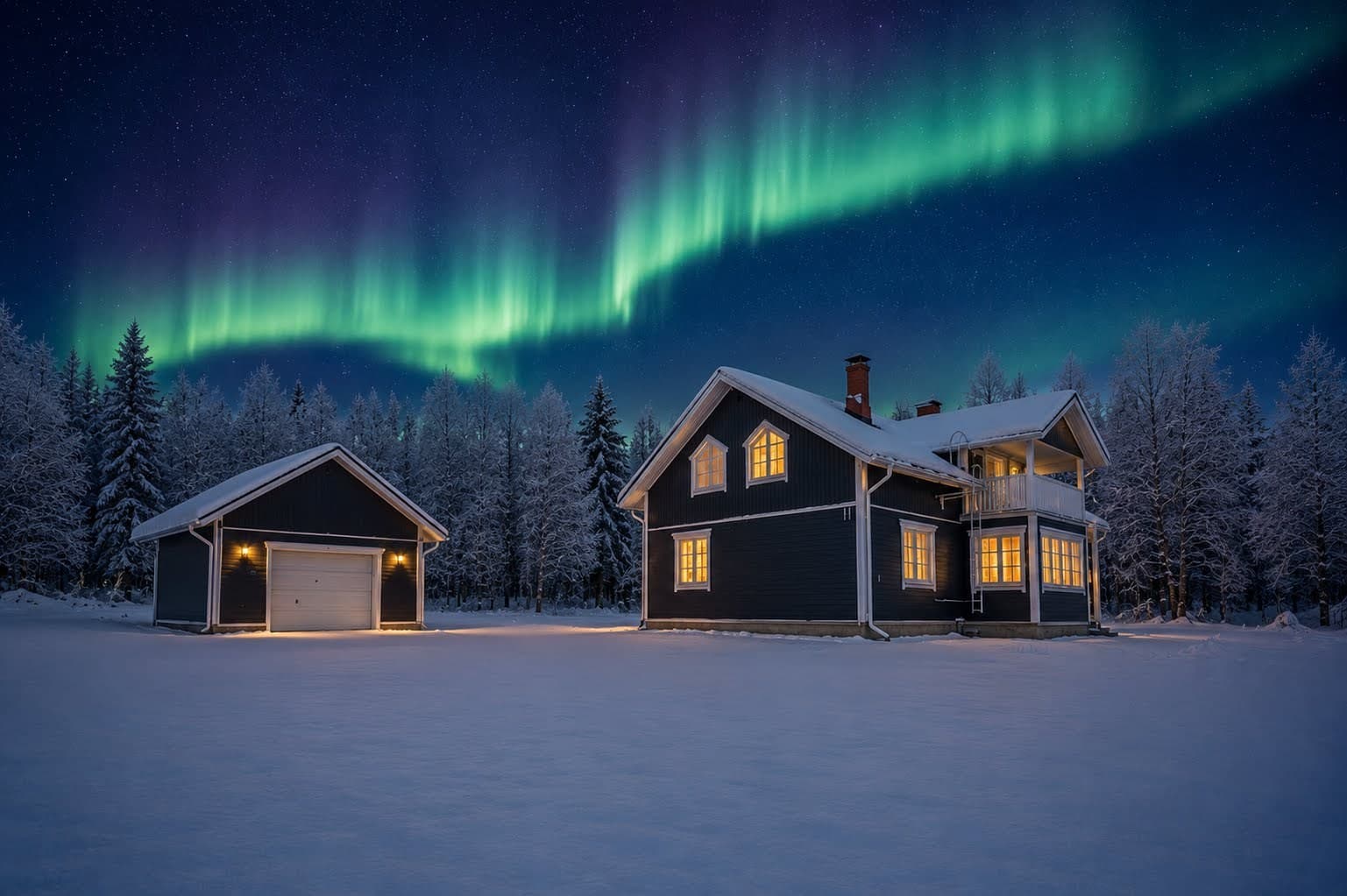 Aurora over Treeline Cottage in winter