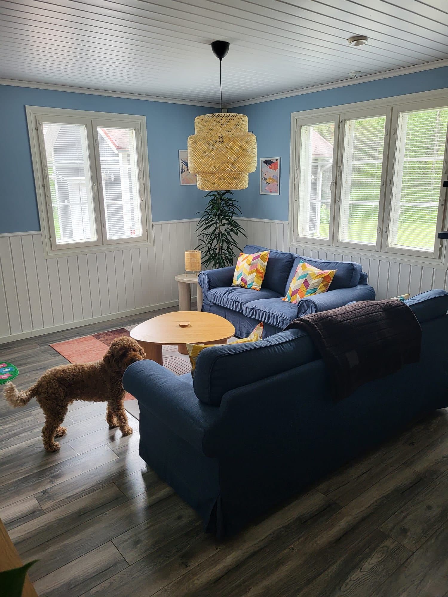 The Treeline Cottage living room with navy sofas