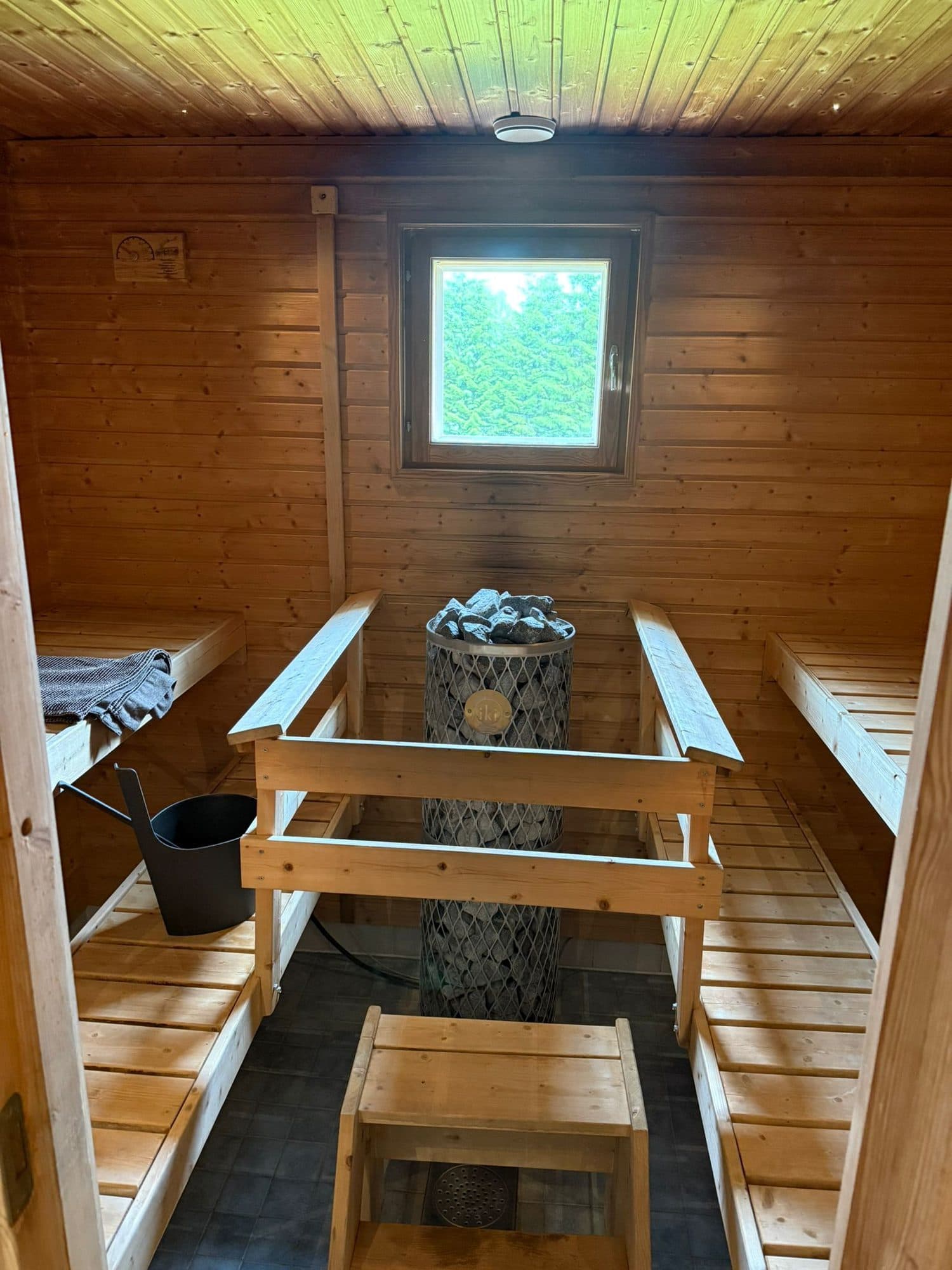 The wood-fired sauna at Treeline Cottage